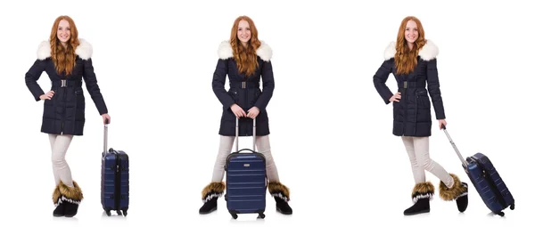 Vrouw met koffer bereidt zich voor op wintervakantie — Stockfoto