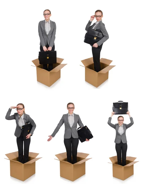 Composite image of woman with boxes on white — Stock Photo, Image