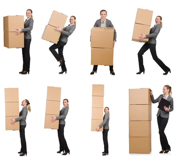 Composite image of woman with boxes on white — Stock Photo, Image