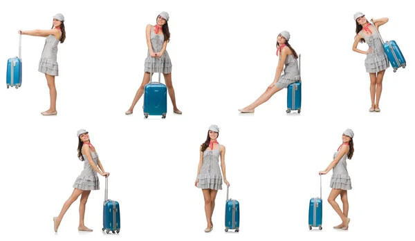 Reisende Frau mit Koffer isoliert auf weißem Grund — Stockfoto