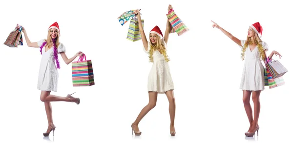 Donna con shopping bags isolata su bianco — Foto Stock