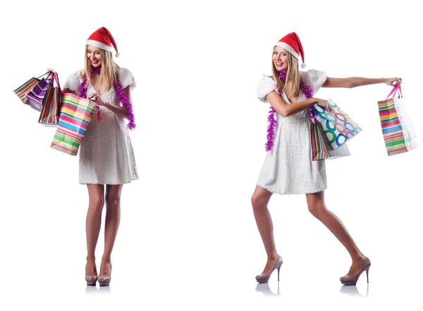 Donna con shopping bags isolata su bianco — Foto Stock