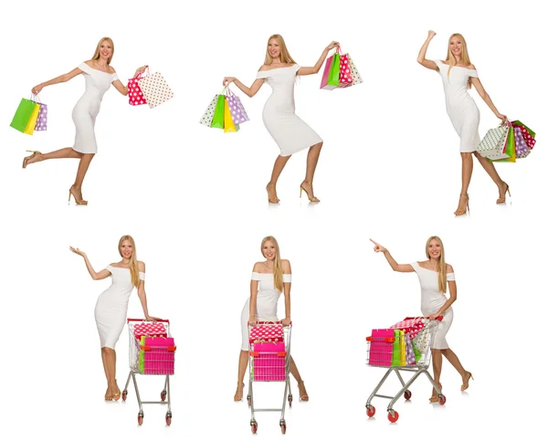 Kobieta w koncepcji zakupów odizolowany na białym — Zdjęcie stockowe