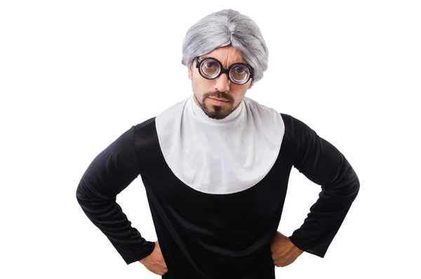 Uomo in costume da suora isolato su bianco — Foto Stock