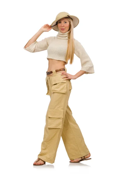 Mooie vrouw in beige broek geïsoleerd op wit — Stockfoto