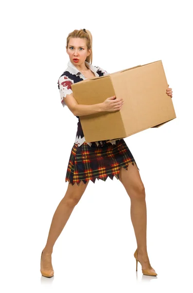 Woman with cardboard box isolated on white — Stock Photo, Image