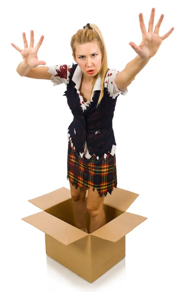 Woman with cardboard box isolated on white — Stock Photo, Image