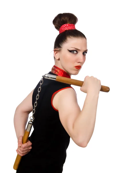 Mujer divertida con nunchucks aislados en blanco — Foto de Stock