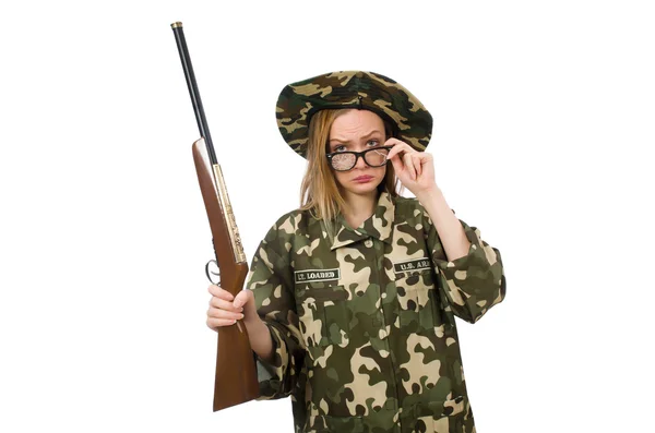 身穿军服的女孩拿着被白色隔离的枪 — 图库照片