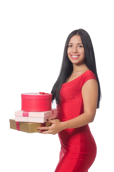 Žena s dárkovými krabicemi izolované na bílém — Stock fotografie