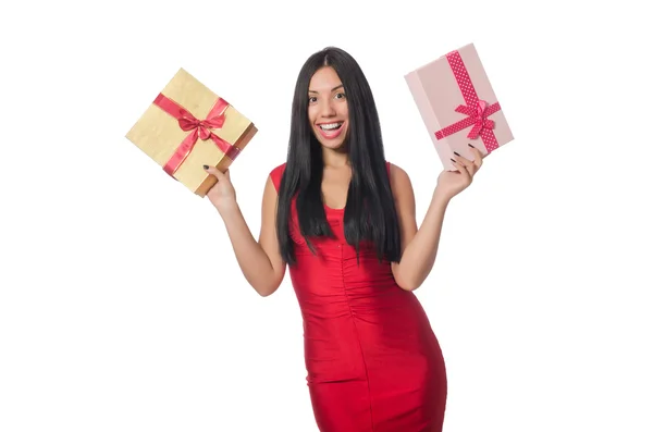 Woman with giftboxes isolated on white — Stock Photo, Image