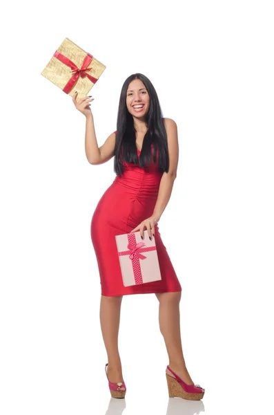 Mujer con cajas de regalo aisladas en blanco — Foto de Stock