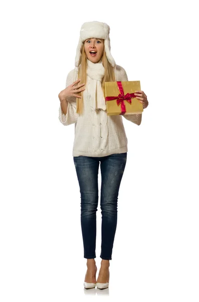 Mujer con cajas de regalo aisladas en blanco —  Fotos de Stock