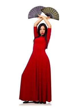 Beyaz izole fan ile Kırmızı elbiseli kadın