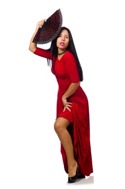 Beyaz izole fan ile Kırmızı elbiseli kadın