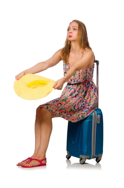 Femme avec valise isolée sur blanc — Photo