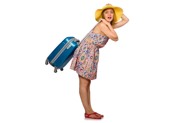 Kobieta z walizką na białym tle — Zdjęcie stockowe