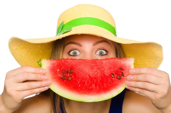 Vrouw eten watermeloen geïsoleerd op wit — Stockfoto