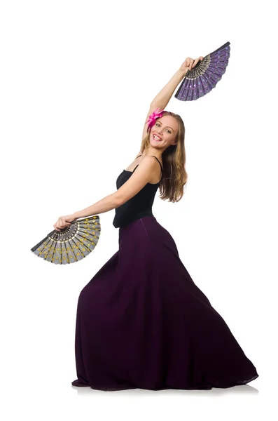 Žena s ventilátorem tančit tance izolovaných na bílém — Stock fotografie