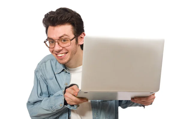 Jeune étudiant avec ordinateur portable isolé sur blanc — Photo