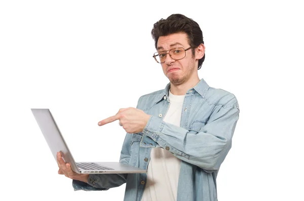 Молодой студент с ноутбуком изолированы на белом — стоковое фото