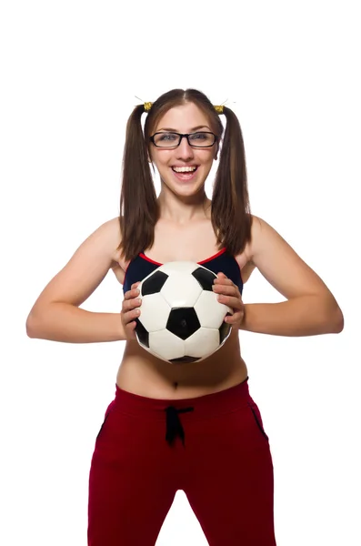 Femme avec football isolé sur blanc — Photo