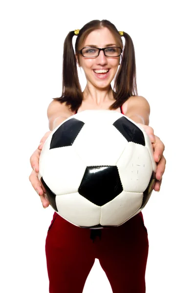 Frau mit Fußball isoliert auf weiß — Stockfoto