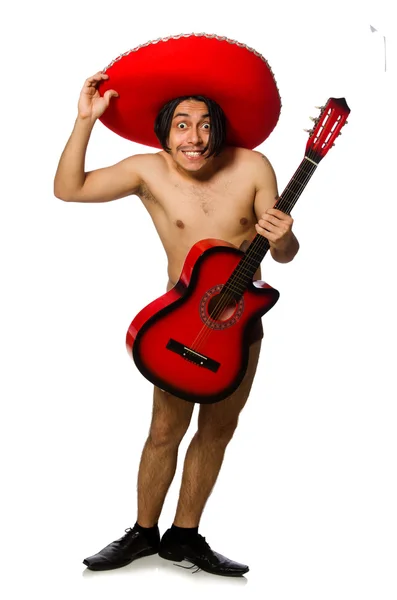 Homem nu com sombrero tocando guitarra no branco — Fotografia de Stock