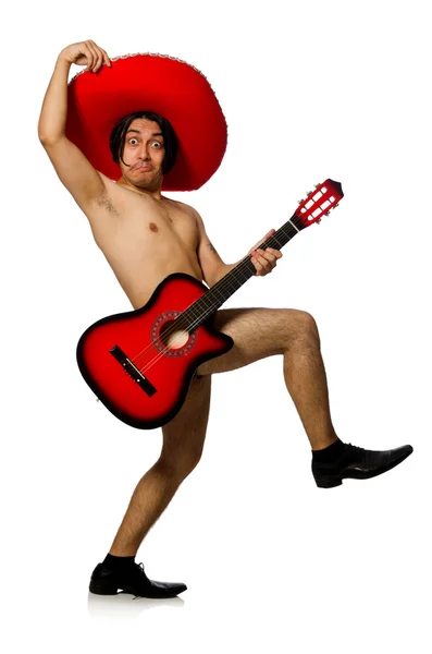 Nude man with sombrero playing guitar on white — Stock Photo, Image