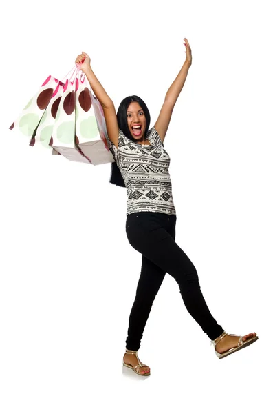 Woman with shopping bags isolated on white — Stock Photo, Image