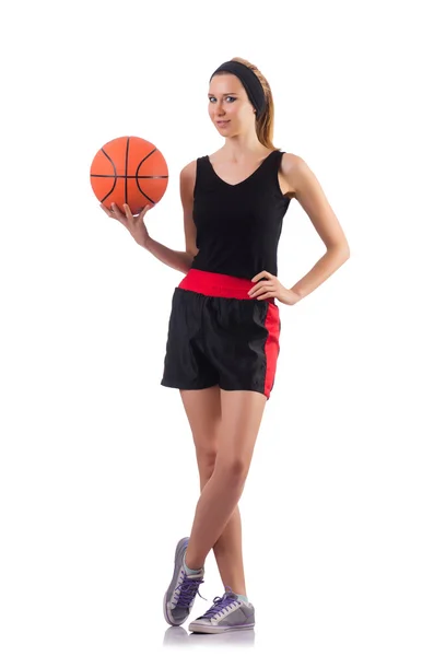 Mulher jogando basquete isolado no branco — Fotografia de Stock