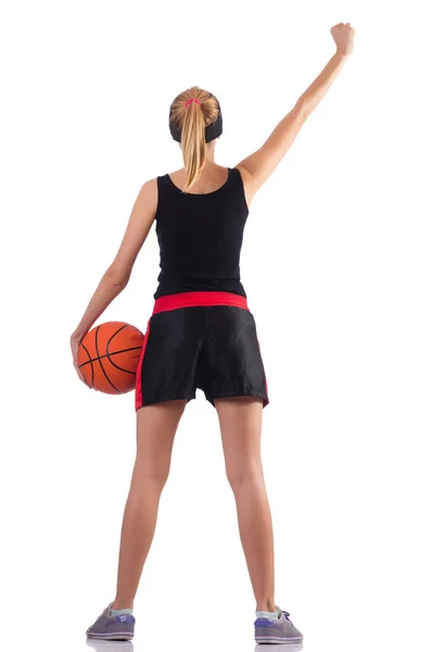 Frau spielt Basketball isoliert auf weißem Untergrund — Stockfoto