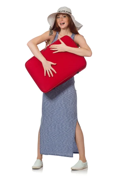 Mulher com mala isolada em branco — Fotografia de Stock