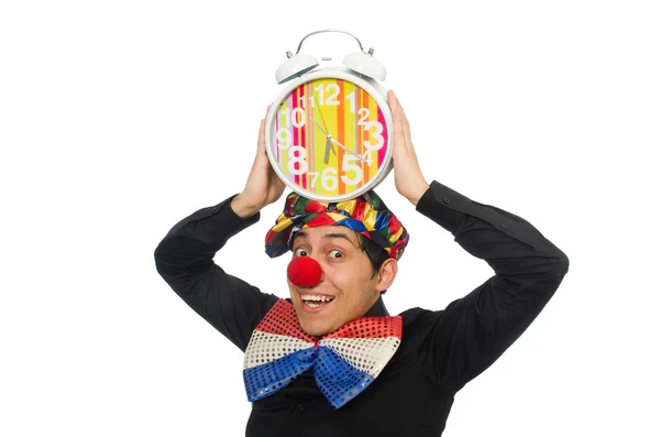 Lustiger Clown mit Uhr isoliert auf weiß — Stockfoto