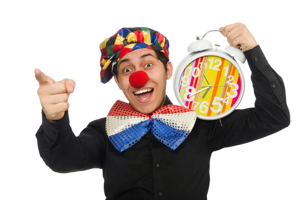 Funny clown with clock isolated on white — Stock Photo, Image