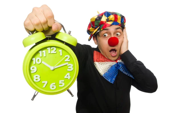 Legrační klaun s hodinami izolovaných na bílém — Stock fotografie