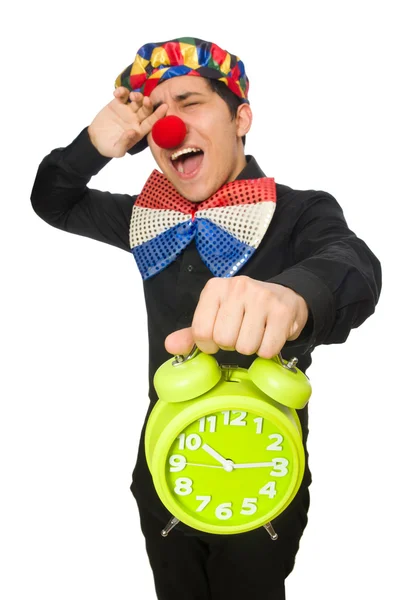 Funny clown with clock isolated on white — Stock Photo, Image