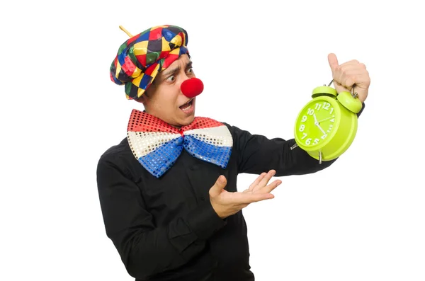 Funny clown with clock isolated on white — Stock Photo, Image