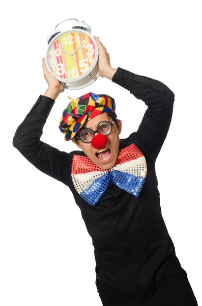 Clown divertente con orologio isolato su bianco — Foto Stock