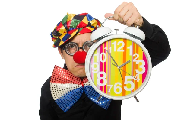 Funny clown with clock isolated on white — Stock Photo, Image