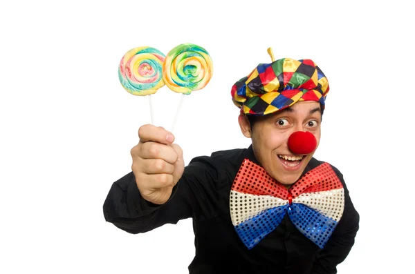 滑稽的小丑，配上白色孤立的棒棒糖 — 图库照片