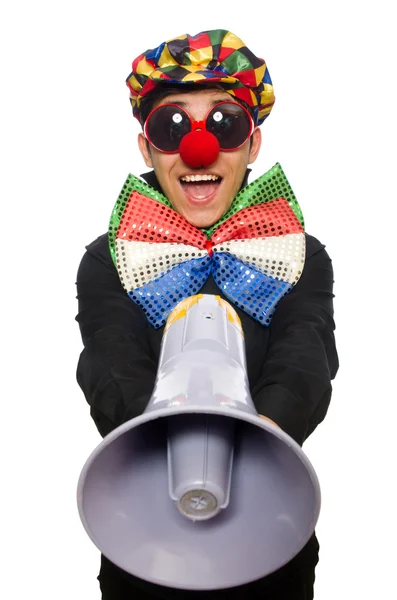 Clown mit Lautsprecher isoliert auf weiß — Stockfoto