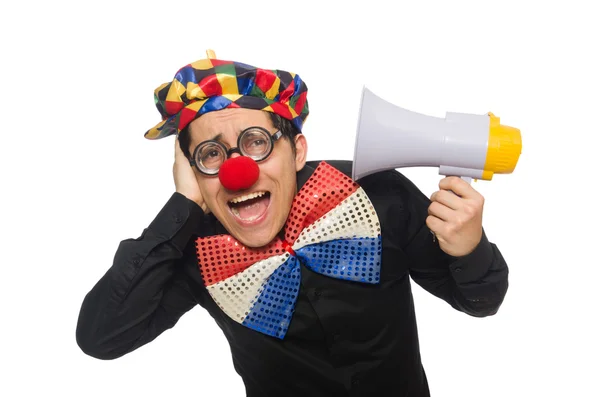 Clown with loudspeaker isolated on white — Stock Photo, Image