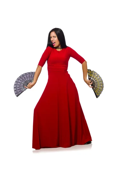 Femme en robe rouge avec ventilateur isolé sur blanc — Photo