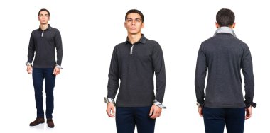 Moda konsepti olan genç bir adam beyazlara izole edilmiş.
