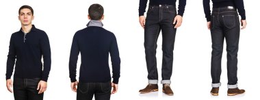 Moda konsepti olan genç bir adam beyazlara izole edilmiş.