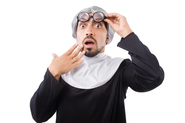 Hombre vistiendo traje de monja aislado en blanco — Foto de Stock