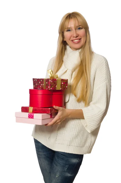 Nő ajándékdobozokkal elszigetelt fehér — Stock Fotó