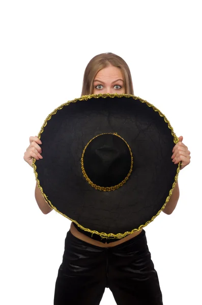 Woman wearing sombrero on the white — Stock Photo, Image