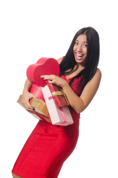 Mujer con cajas de regalo aisladas en blanco — Foto de Stock
